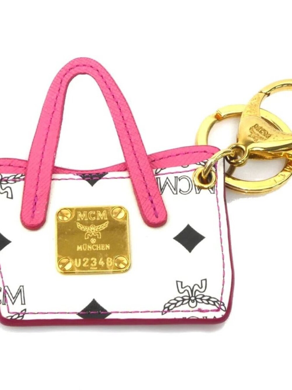 MCM Charm Key Ring Pink/White/Gold Leather/Metal